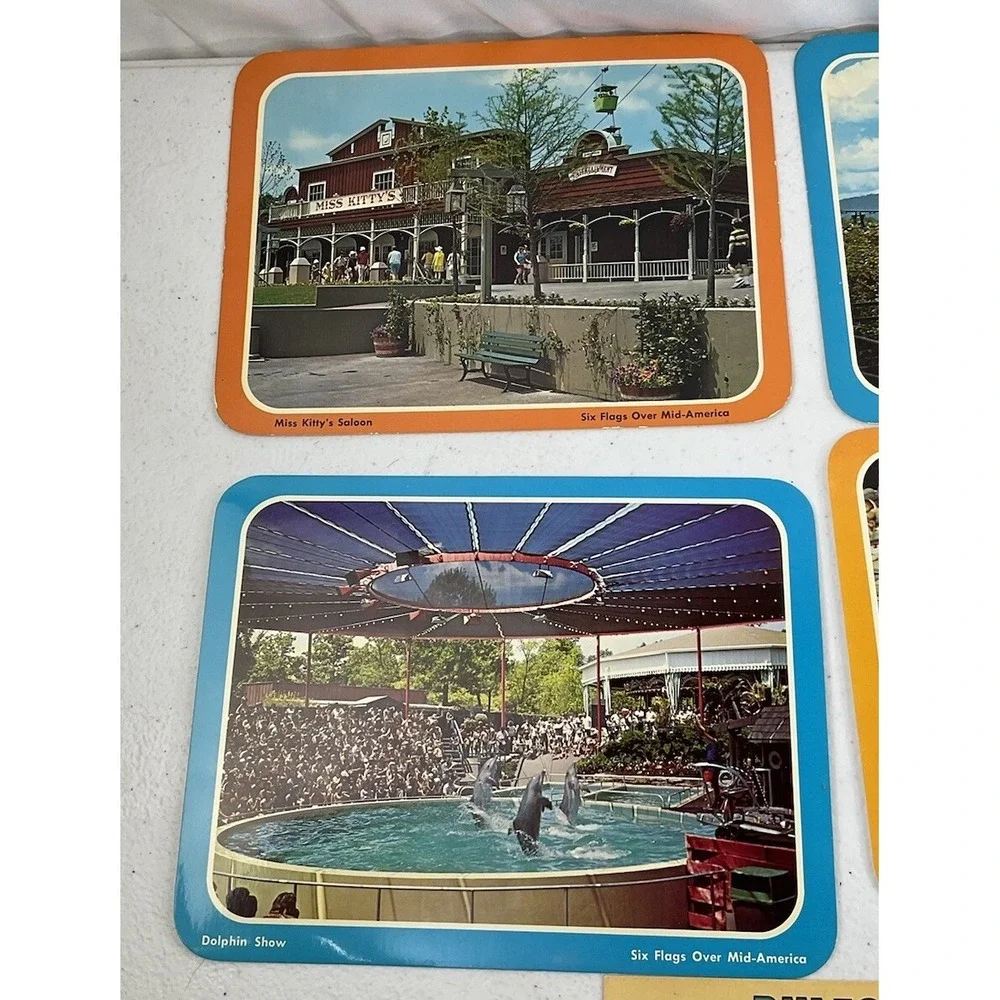 Lot Of 8 Vintage Six Flags Of Mid America Postcards With Six Flags Bag